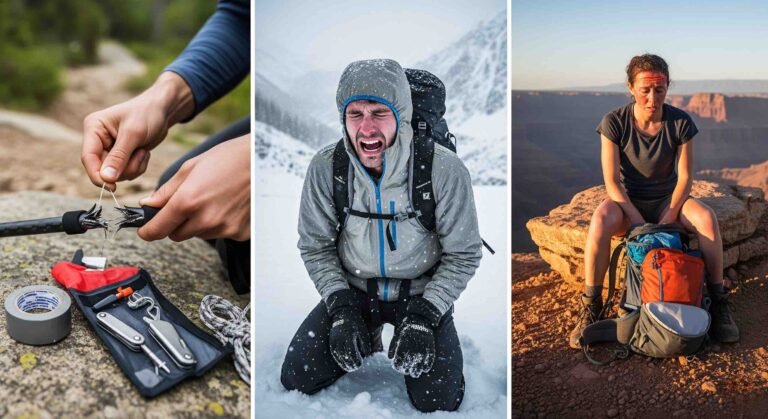 Senderista con mochila ultraligera en los Pirineos evaluando su equipo